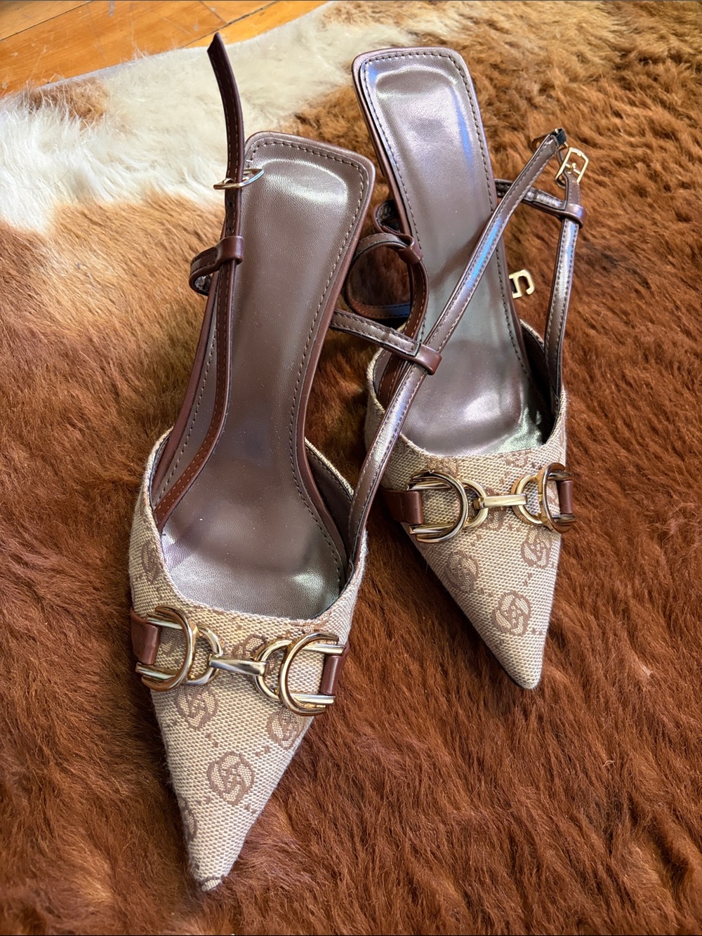 Zara Beige and Brown Logo Pointed Slingback Heels